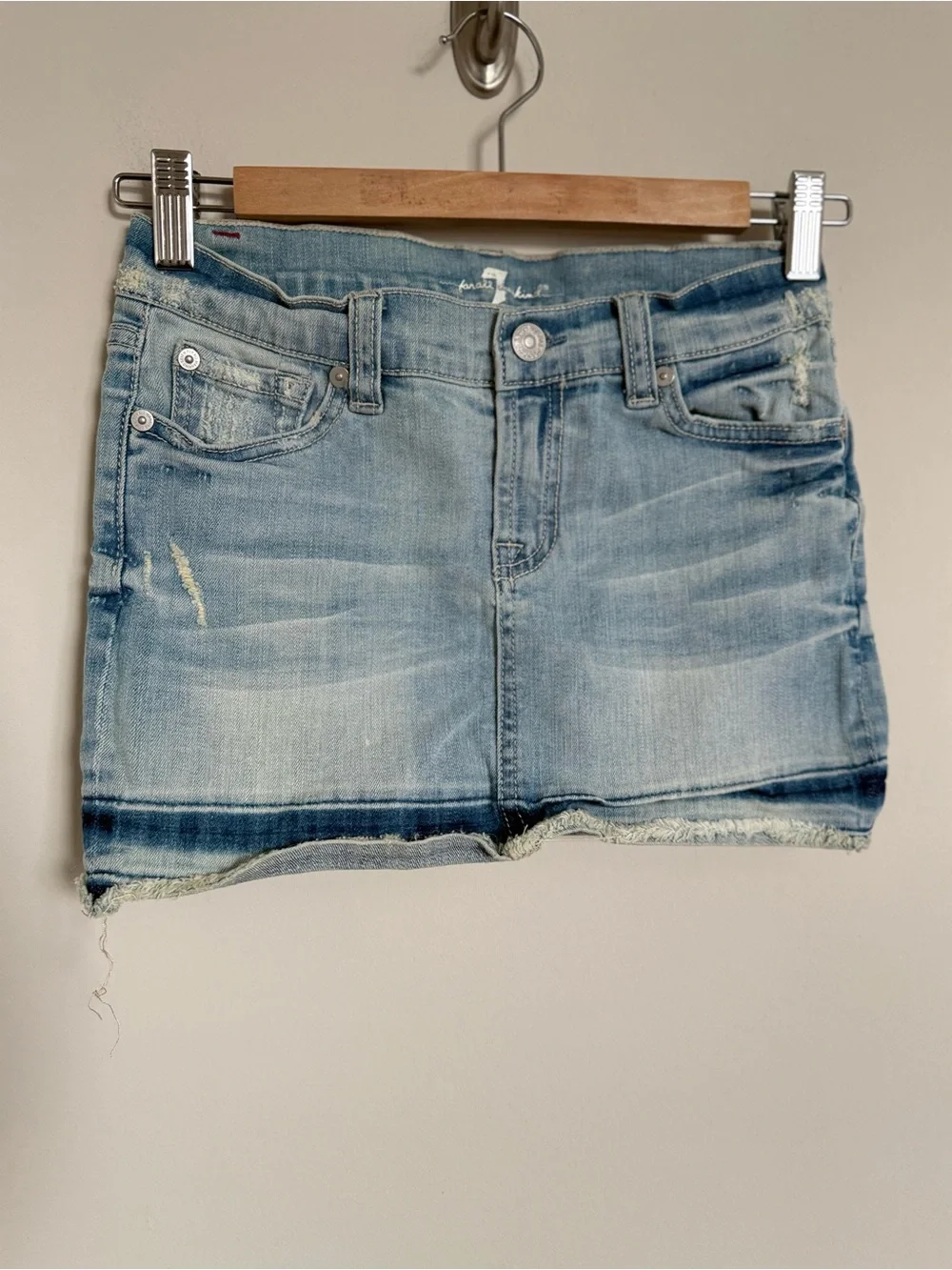 7 For All Mankind Light Wash Denim Mini Skirt Size 10 | Distressed Y2K Low Rise